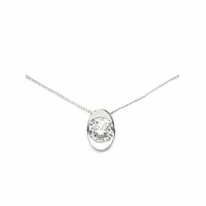 Minimal silver pendant necklace with central clear gemstone on delicate chain, polished bezel, minimalist styling