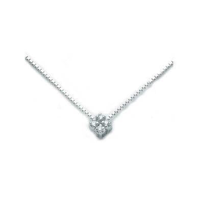 White gold pendant necklace with single diamond cluster on delicate chain against neutral background