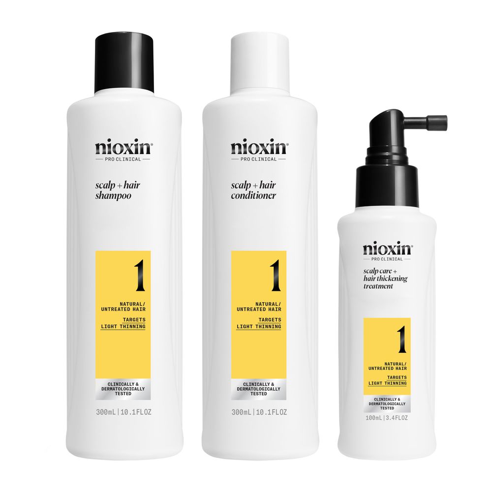 Three scalp-care bottles set: shampoo, conditioner and leave-in treatment, Unisex system