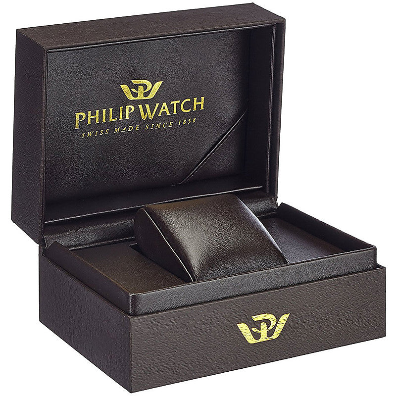 Silver stainless steel analog watch with brown leather strap on neutral background