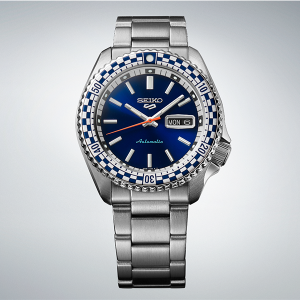 Silver stainless steel sport automatic watch with blue and white dial, red accents, rotating bezel