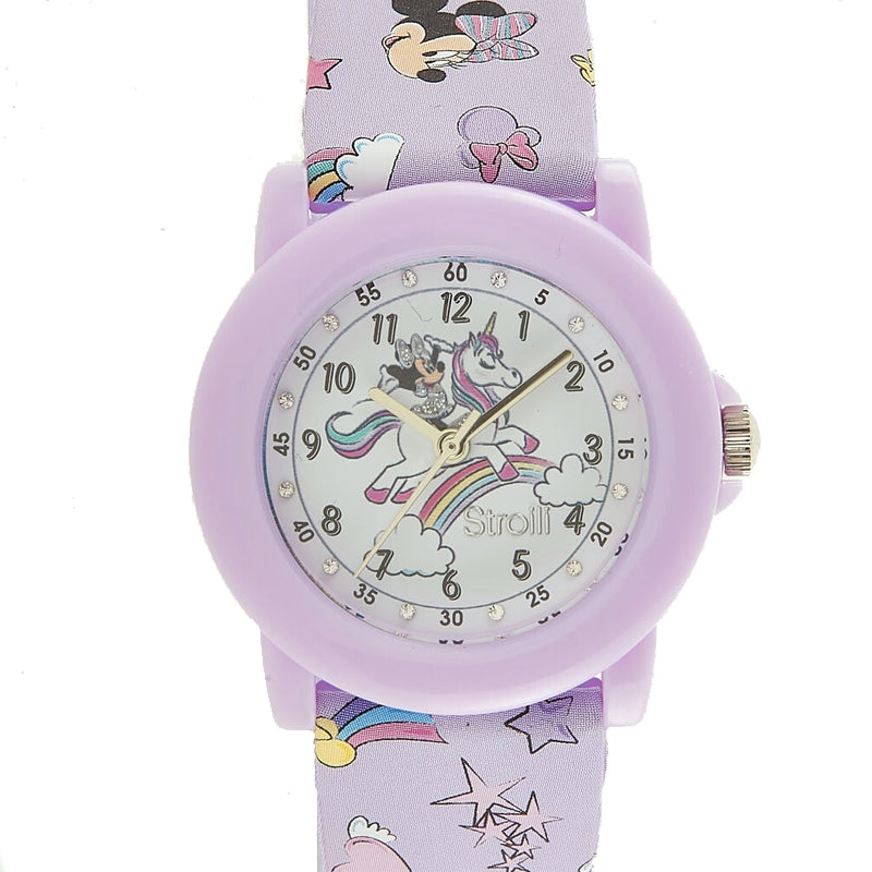 Stroili Lavender Plastic Watch: children’s watch with fabric strap, rhinestone dial and unicorn cartoon illustration