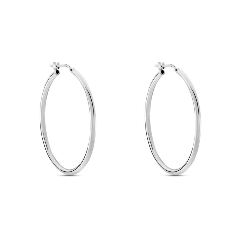 Pair of polished silver hoop earrings with hinged clasp on white background, classic unisex style