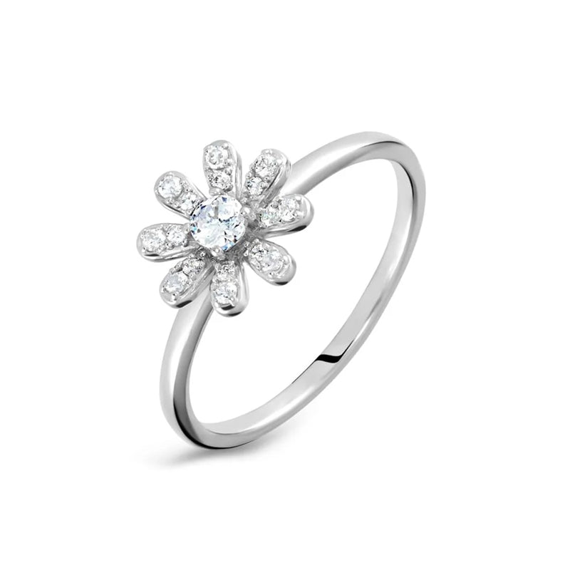 Stroili Silver Flower Ring: flower-shaped ring for women with multiple clear stones set in floral pattern on polished band