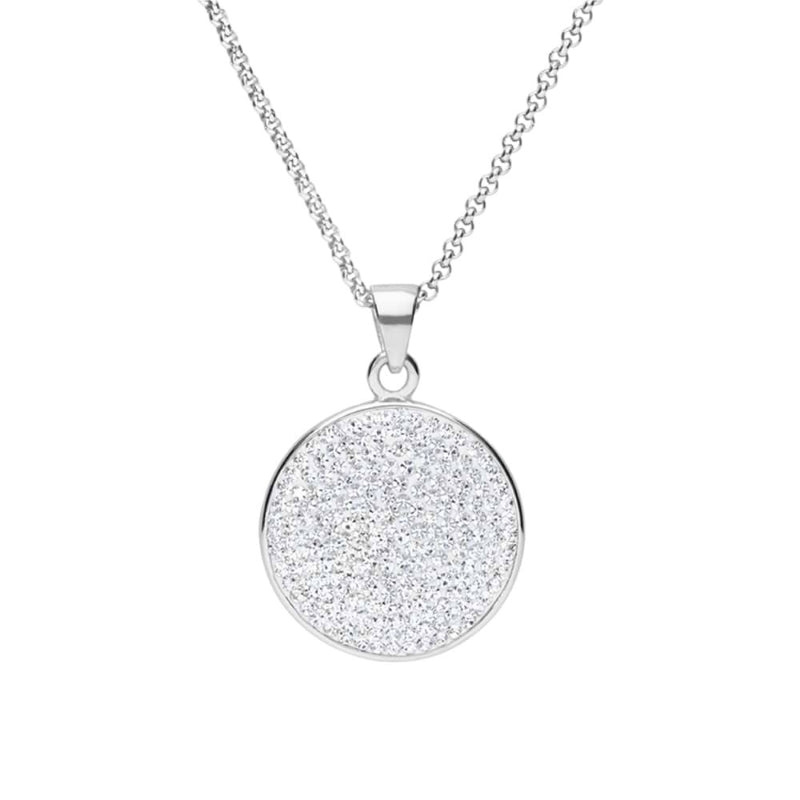 Silver round pendant necklace with pavé clear crystals on a fine silver link chain, close-up view