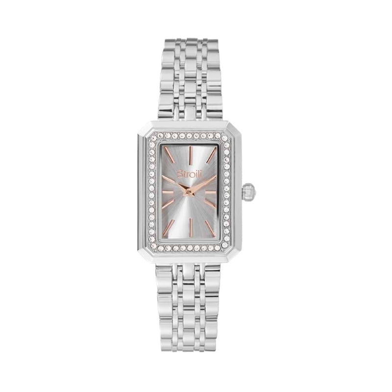 Silver rectangular Stroili wrist watch with crystal bezel and rose gold accents on metal bracelet